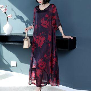 Set:elbow-sleeve Midi A-line Dress + Slipdress