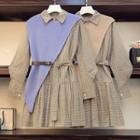 Set: Plaid Tie-waist A-line Shirtdress + Asymmetric Knit Vest