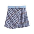 Denim Panel Plaid Mini Pencil Skirt