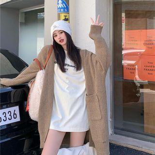 Plain Ribbed Oversize Cardigan Khaki - One Size
