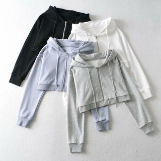Plain Cropped Zip-up Hoodie / Drawstring-cuff Sweatpants