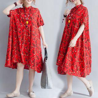 Asymmetrical Floral Stand-collar Dress Red - L