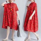 Asymmetrical Floral Stand-collar Dress Red - L