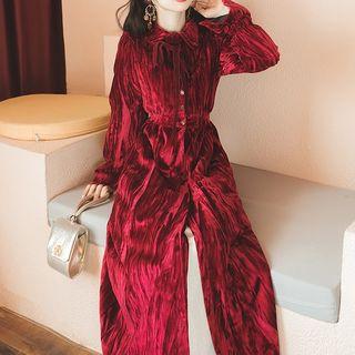 Tie-neck Bell-sleeve A-line Maxi Velvet Dress