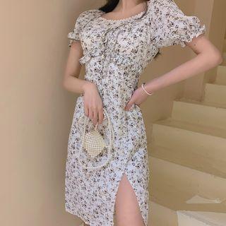Puff-sleeve Floral Print Slit Mini A-line Dress