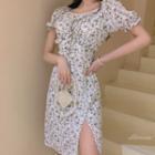 Puff-sleeve Floral Print Slit Mini A-line Dress