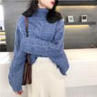 Plain Loose-fit Cable-knit Mock-neck Sweater