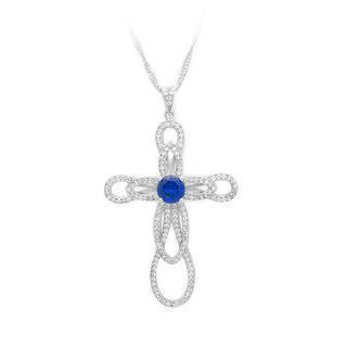 925 Sterling Silver Flower-shaped Cross Pendant With Blue And White Cubic Zircon And Necklace