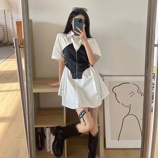 Mock Two-piece Short-sleeve Lace-up Shirtdress