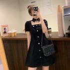 Short-sleeve Collared Mini A-line Dress Black - One Size