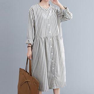 Long-sleeve Striped Buttoned Midi A-line Dress
