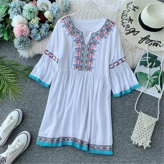 V-neck Bell-sleeve Embroidered Dress