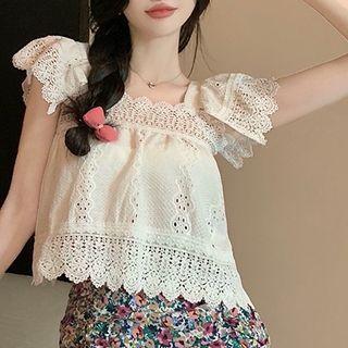 Square-neck Plain Perforated Loose Fit Top