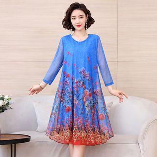 3/4-sleeve Flora Print A-line Dress