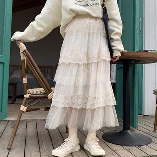 Midi A-line Layered Lace Skirt Almond - One Size
