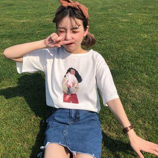 Printed Pom Pom Elbow Sleeve T-shirt