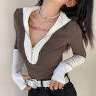 Long-sleeve Two-tone Zip-up Polo Shirt