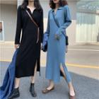 Long-sleeve Split Hem Knitted Polo Shirt Dress