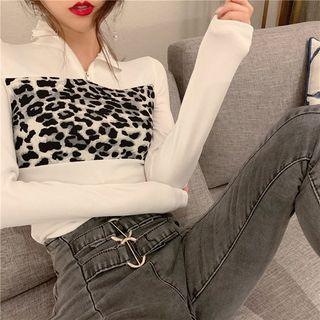 Long-sleeve Leopard Panel Top