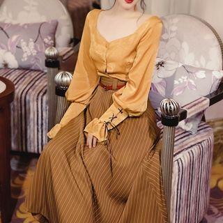 Set: Lace Up Lantern-sleeve Blouse + Pinstriped Midi A-line Skirt