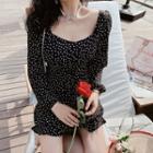 Long-sleeve Dotted Frill Trim Mini A-line Dress