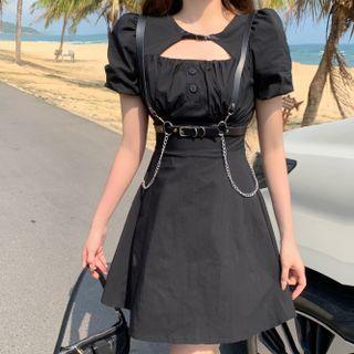 Short-sleeve Harness Belt Mini A-line Dress