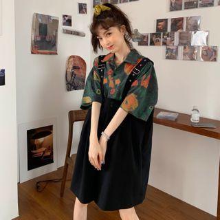 Short-sleeve Printed Shirt / Denim Playsuit