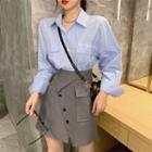 Letter Embroidered Shirt / Asymmetric Pinstriped A-line Skirt