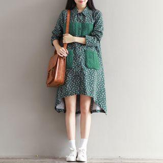 Floral Print Cable Knit Panel Shirtdress