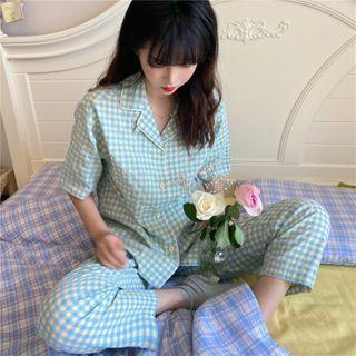 Short-sleeve Plaid Shirt / High-waist Plaid Pants