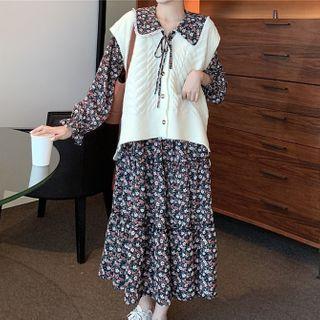 Floral Print Long Sleeve Dress / Buttoned Vest