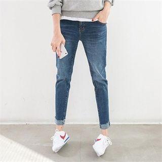 Band-waist Roll-up Hem Tapered Jeans