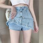 High-waist Faux Pearl Denim Skirt