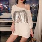 Sequined Cold-shoulder Elbow-sleeve Tunic T-shirt