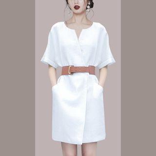 Elbow-sleeve Open-placket Mini Sheath Dress