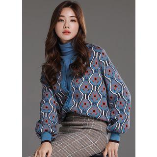 Bishop-sleeve Flower-patterned Cardigan