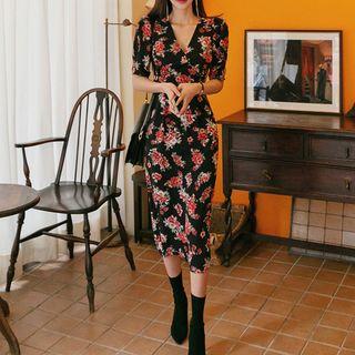 Puff-sleeve Floral Print Midi Sheath Dress