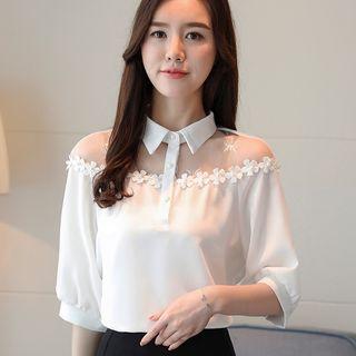 Elbow-sleeve Sheer Panel Polo Shirt