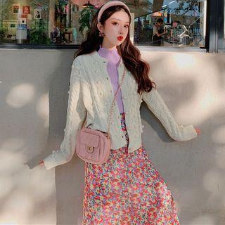 Floral Midi A-line Skirt / Mock-neck Long-sleeve Top / Pom Pom Cardigan