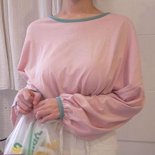 Balloon-sleeve Contrast Trim T-shirt