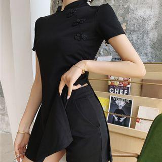 Set: Short-sleeve Mini Qipao Top + High-waist Shorts