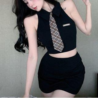 Collar Crop Tank Top / Mini Pencil Skirt / Striped Tie / Set