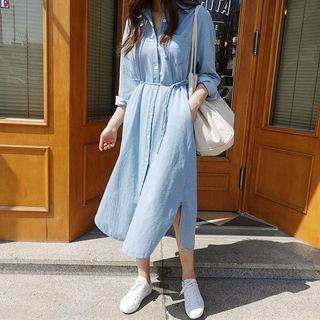 Long Denim Shirtdress With Sash Light Blue - One Size