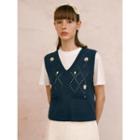 V-neck Perforated Flower Sweater Vest Navy Blue - One Size