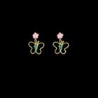 Butterfly Sterling Silver Ear Stud 1 Pair - S925 Silver Needle - Pink Flower & Butterfly - Yellow - One Size