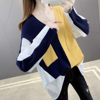 V-neck Color Block Panel Knit Top