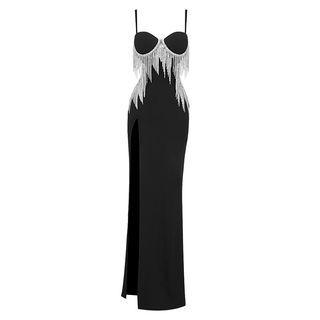 Set: Spaghetti Strap Fringed Open-back Midi Sheath Dress + Necklace