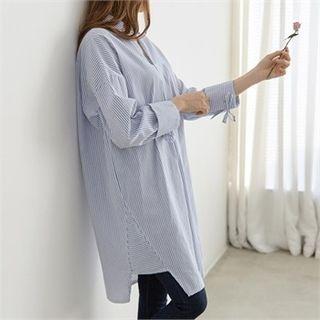 Ribbon-sleeve Striped Long Shirt