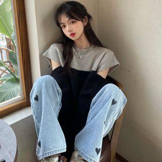 Long-sleeve Cold Shoulder Knit Top Light Gray & Black - One Size