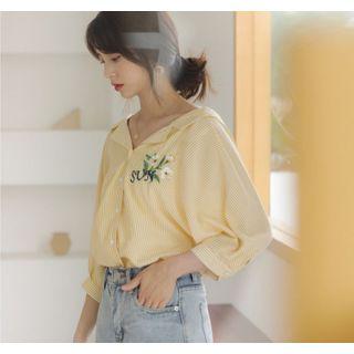 Striped Flower Embroidered 3/4-sleeve Chiffon Shirt
